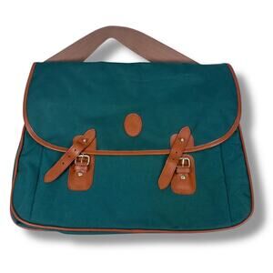 Vintage Polo Ralph Lauren Messenger Bag Green Canvas Leather Trim Shoulder Strap